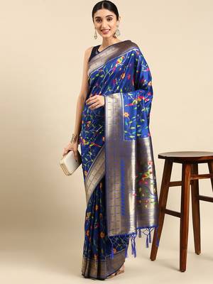 Blue woven kanchipuram silk saree with blouse 1