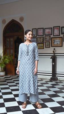  Digital Printed Ethnic Touch Grey Colour Muslin Fabric Classy Kurti 1
