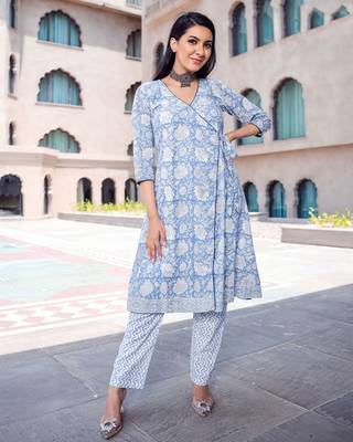 Digital Printed Ethnic Touch Blue Colour Muslin Fabric Classy Kurti 1