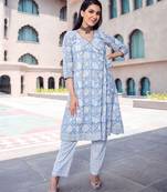  Digital Printed Ethnic Touch Blue Colour Muslin Fabric Classy Kurti