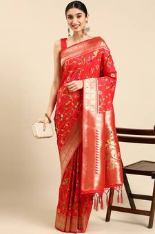 Red woven kanchipuram silk saree with blouse