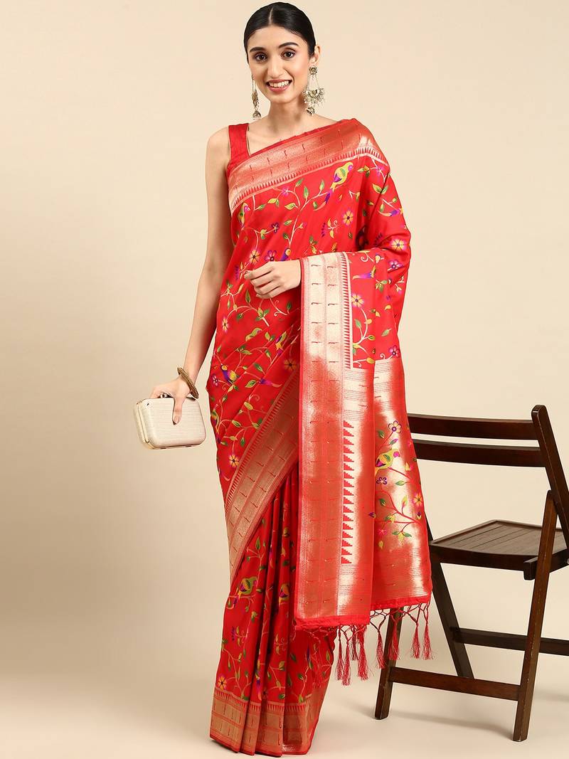 Red woven kanchipuram silk saree with blouse