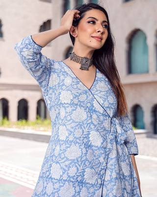 Digital Printed Ethnic Touch Blue Colour Muslin Fabric Classy Kurti 2