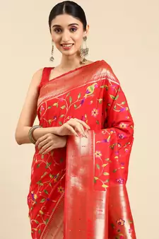 Red woven kanchipuram silk saree with blouse