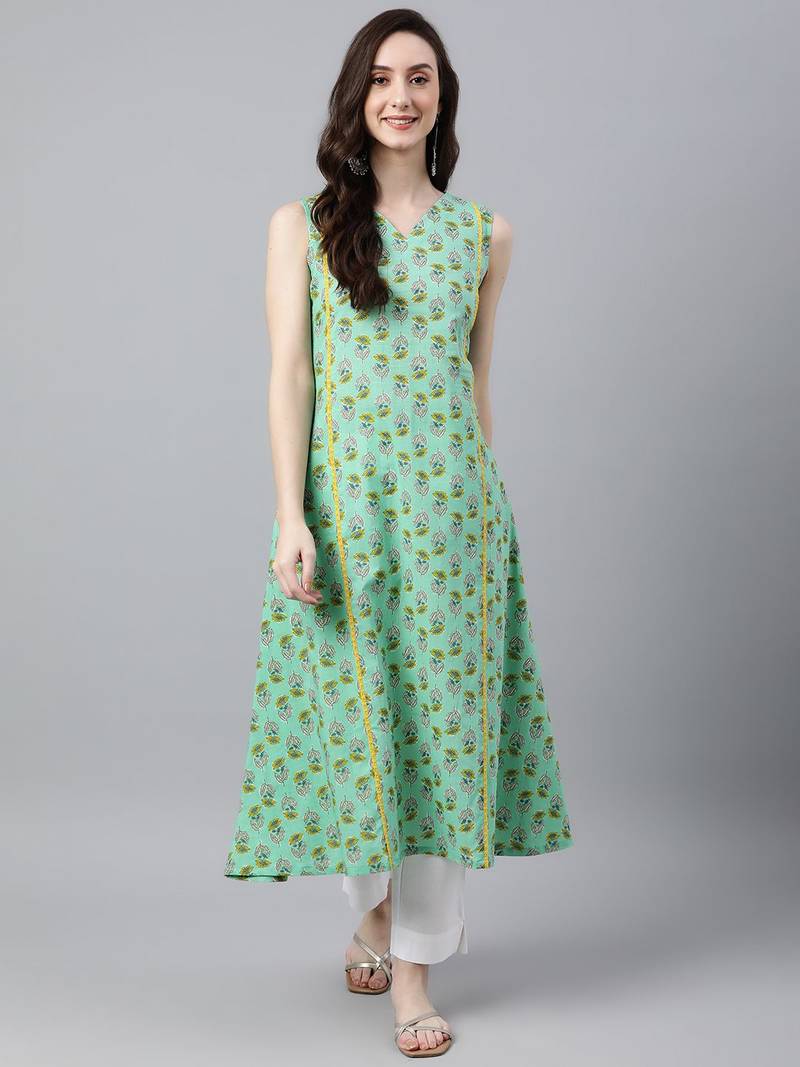 Girlish Green Colour Cotton Kurti With Floral Printed Texture