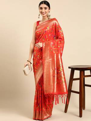 Orange woven kanchipuram silk saree with blouse 1