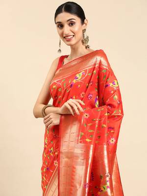 Orange woven kanchipuram silk saree with blouse 3