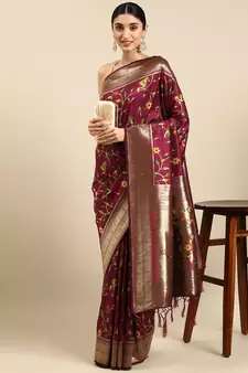 Maroon woven kanchipuram silk saree with blouse