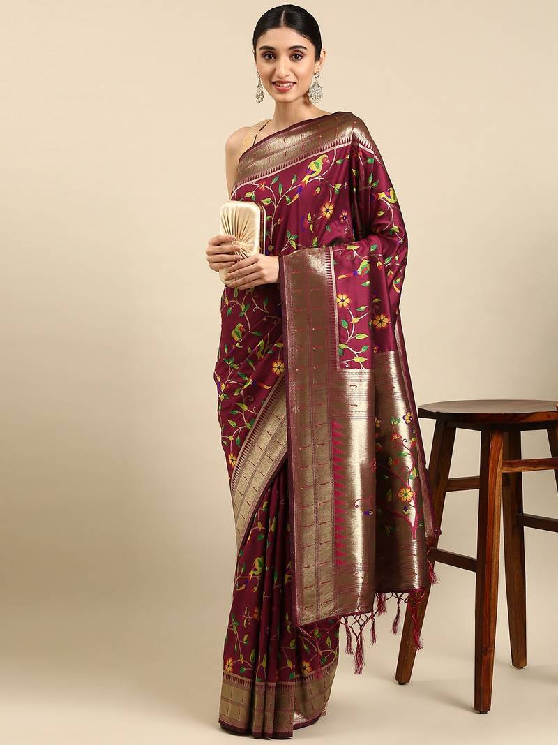 Maroon woven kanchipuram silk saree with blouse