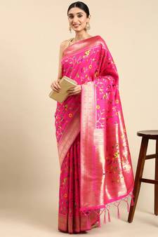 Rani pink woven kanchipuram silk saree with blouse