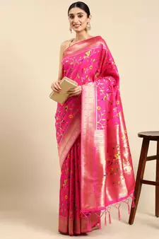 Rani pink woven kanchipuram silk saree with blouse
