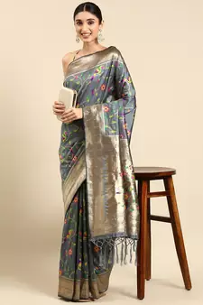 Grey woven kanchipuram silk saree with blouse
