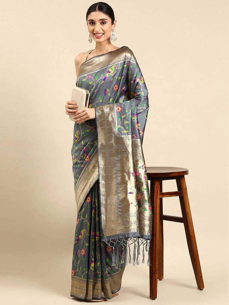 Grey woven kanchipuram silk saree with blouse