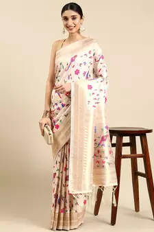 Off white woven kanchipuram silk saree with blouse