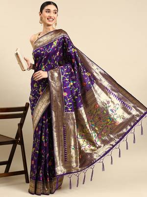 Violet woven kanchipuram silk saree with blouse 1