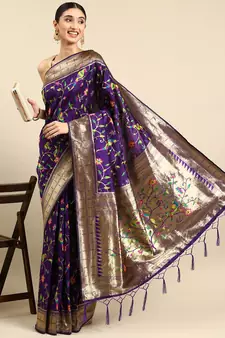 Violet woven kanchipuram silk saree with blouse