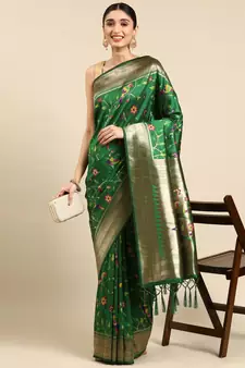 Dark green woven kanchipuram silk saree with blouse