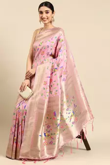 Light pink woven kanchipuram silk saree with blouse