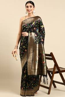 Black woven kanchipuram silk saree with blouse