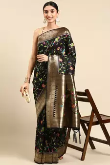 Black woven kanchipuram silk saree with blouse