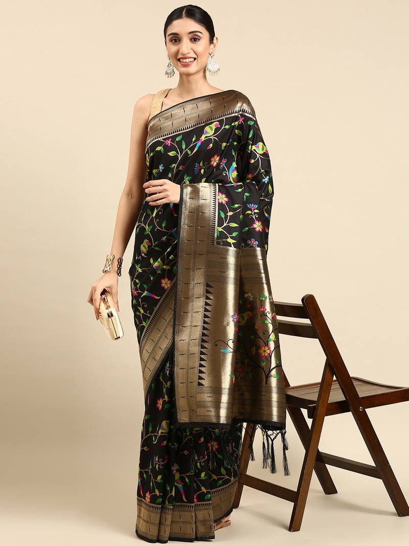 Black woven kanchipuram silk saree with blouse