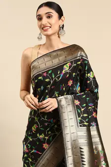 Black woven kanchipuram silk saree with blouse