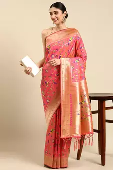 Peach woven kanchipuram silk saree with blouse