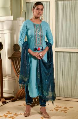 Ethnic And Beautiful Embroidery Work Sky Blue Colour Kurti Full Set In Viscose Rayon Fabric 1
