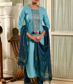 Ethnic And Beautiful Embroidery Work Sky Blue Colour Kurti Full Set In Viscose Rayon Fabric