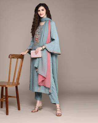 Ethnic And Beautiful Embroidery Work Grey Colour Kurti Full Set In Viscose Rayon Fabric 1