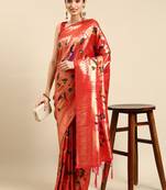 Red woven paithani silk saree with blouse