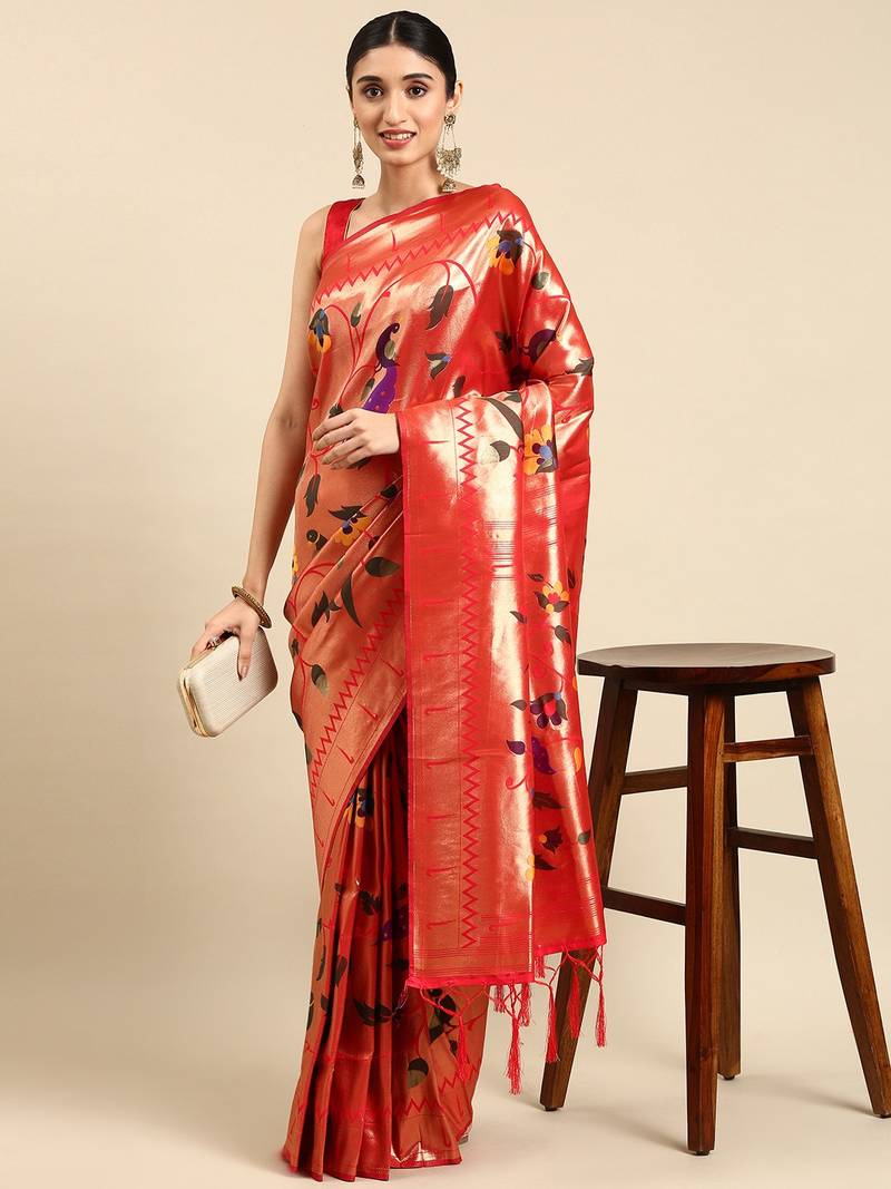 Red woven paithani silk saree with blouse
