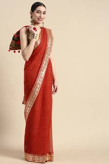 Red embroidered georgette saree with blouse