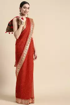 Red embroidered georgette saree with blouse