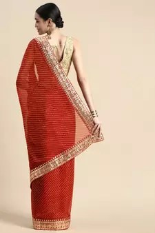 Red embroidered georgette saree with blouse
