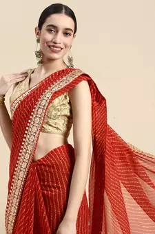 Red embroidered georgette saree with blouse