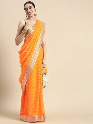 Orange embroidered georgette saree with blouse 1