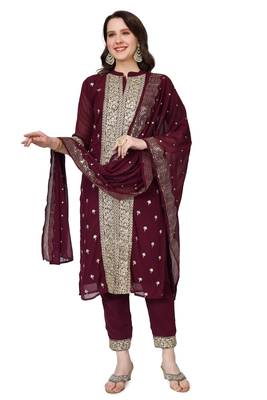 Purple Embroidered Georgette Salwar Suit With Pants and Dupatta 1