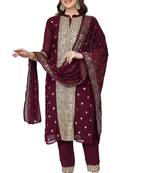Purple Embroidered Georgette Salwar Suit With Pants and Dupatta
