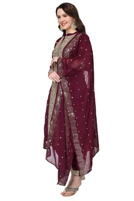 Purple Embroidered Georgette Salwar Suit With Pants and Dupatta 2