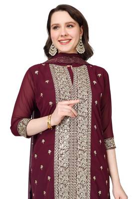 Purple Embroidered Georgette Salwar Suit With Pants and Dupatta 3