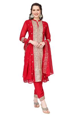 Red Embroidered Georgette Salwar Suit With Pants and Dupatta 1