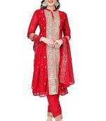 Red Embroidered Georgette Salwar Suit With Pants and Dupatta