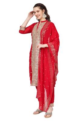 Red Embroidered Georgette Salwar Suit With Pants and Dupatta 2