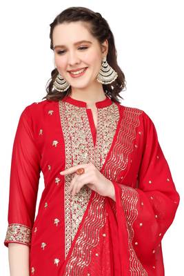Red Embroidered Georgette Salwar Suit With Pants and Dupatta 3