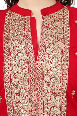 Red Embroidered Georgette Salwar Suit With Pants and Dupatta 4