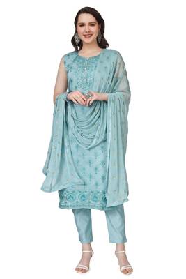 SkyBlue Embroidered Modal Salwar Suit With Pants and Chiffon Dupatta 1