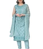 SkyBlue Embroidered Modal Salwar Suit With Pants and Chiffon Dupatta