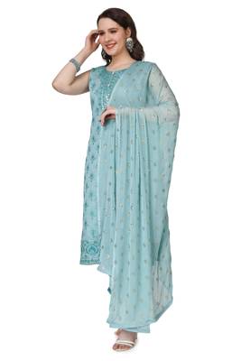 SkyBlue Embroidered Modal Salwar Suit With Pants and Chiffon Dupatta 2
