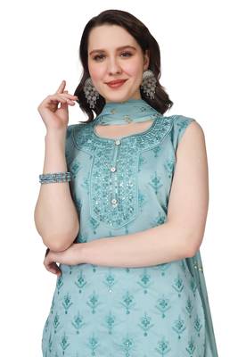 SkyBlue Embroidered Modal Salwar Suit With Pants and Chiffon Dupatta 3